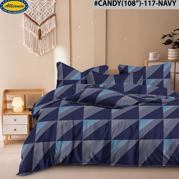 Candy Dark Blue Floral Design King Size 108*108 inch Bedsheet Set with pillow cover-117-Navy