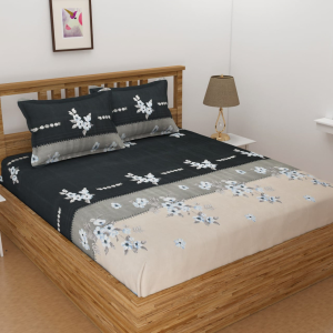 Bed Beauty Black Floral King Size Elastic Fitted Bedsheet with 2 Pillow Cover
