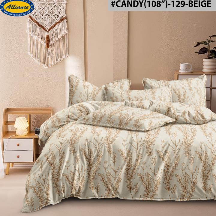 Candy Sandal Floral Design King Size 108*108 inch Bedsheet Set with pillow cover- 129-Beige