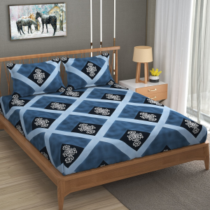 Bed Beauty Blue & Black Floral King Size Elastic Fitted Bedsheet with 2 Pillow Cover