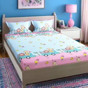 Kidzee Giraffe Yellow Print King Size Elastic Fitted Bedsheet Set