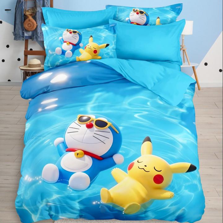 Kids Digital 7D Bedsheet Set - Doremon & Pikachu Design