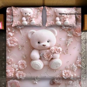 Magical King- 7D Digital Bedsheet Set - Pink Teddy Bear
