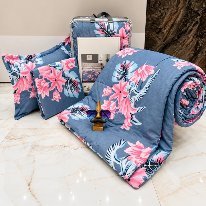 Eva Blue with Pink Floral Design Comforter Set (1 Bedsheet, 2 Pillow Covers & 1 Comforter)