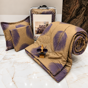 Eva Golden Brown with Purple Leaf Design Comforter Set (1 Bedsheet, 2 Pillow Covers & 1 Comforter)