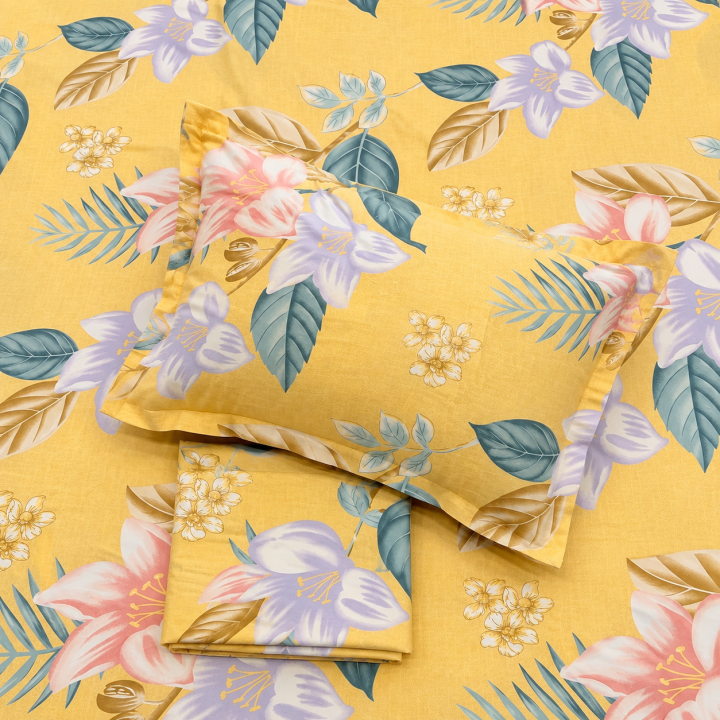 Pluto King  Golden Tropical Bloom JUMBO KING BEDSHEET SET with Two Set Pillow Covers