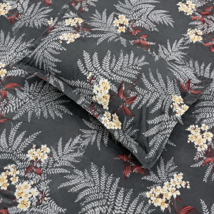 Pluto King Charcoal Fern Blossom JUMBO KING BEDSHEET SET with 2 Pillow Covers