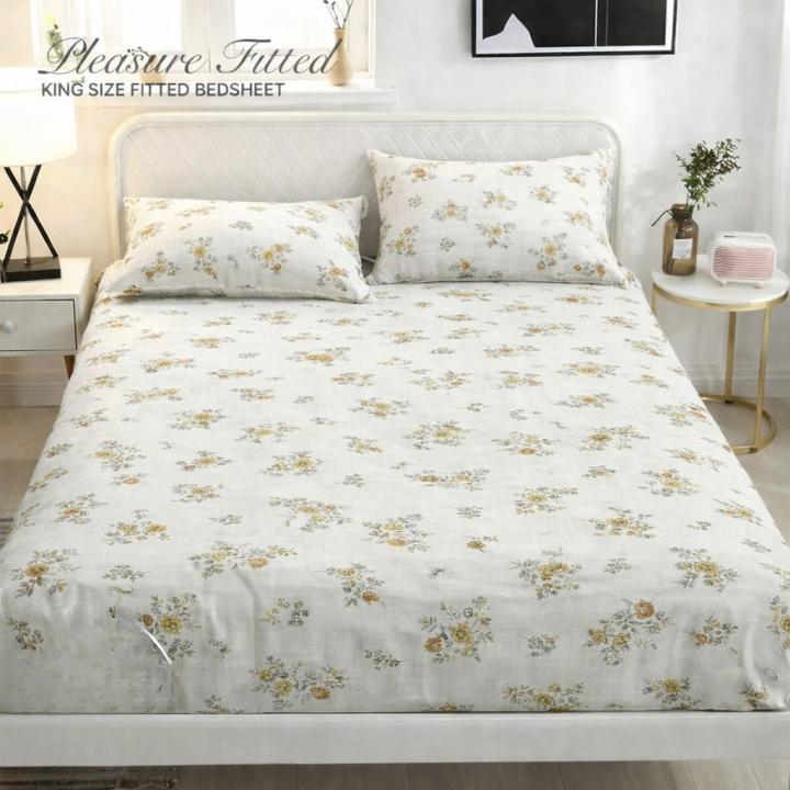 Pleasure King Fitted Bedsheet - 78*72*10 inches- White Floral Design