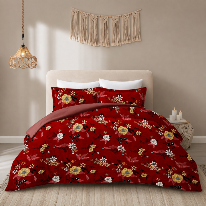 HUM TUM Crimson Floral Glace Cotton Double Bedsheet Set with 2 Pillow Covers