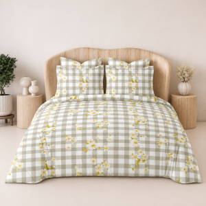 Candy Sage Gingham Daisy Floral King Size 108×108 Inch Bedsheet Set with 2 Pillow Covers