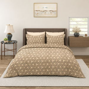 Candy Beige Floral Star Geometric King Size 108×108 Inch Bedsheet Set with 2 Pillow Covers