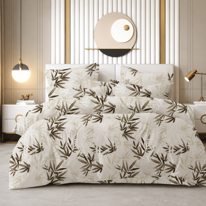 Candy Ivory Bamboo Leaf Botanical King Size 108×108 Inch Bedsheet Set with 2 Pillow Covers