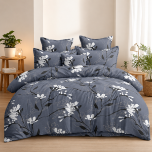 Candy Slate Blue Magnolia Floral King Size 108×108 Inch Bedsheet Set with 2 Pillow Covers