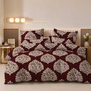Candy Maroon Royal Mughal Floral King Size 108×108 Inch Bedsheet Set with 2 Pillow Covers